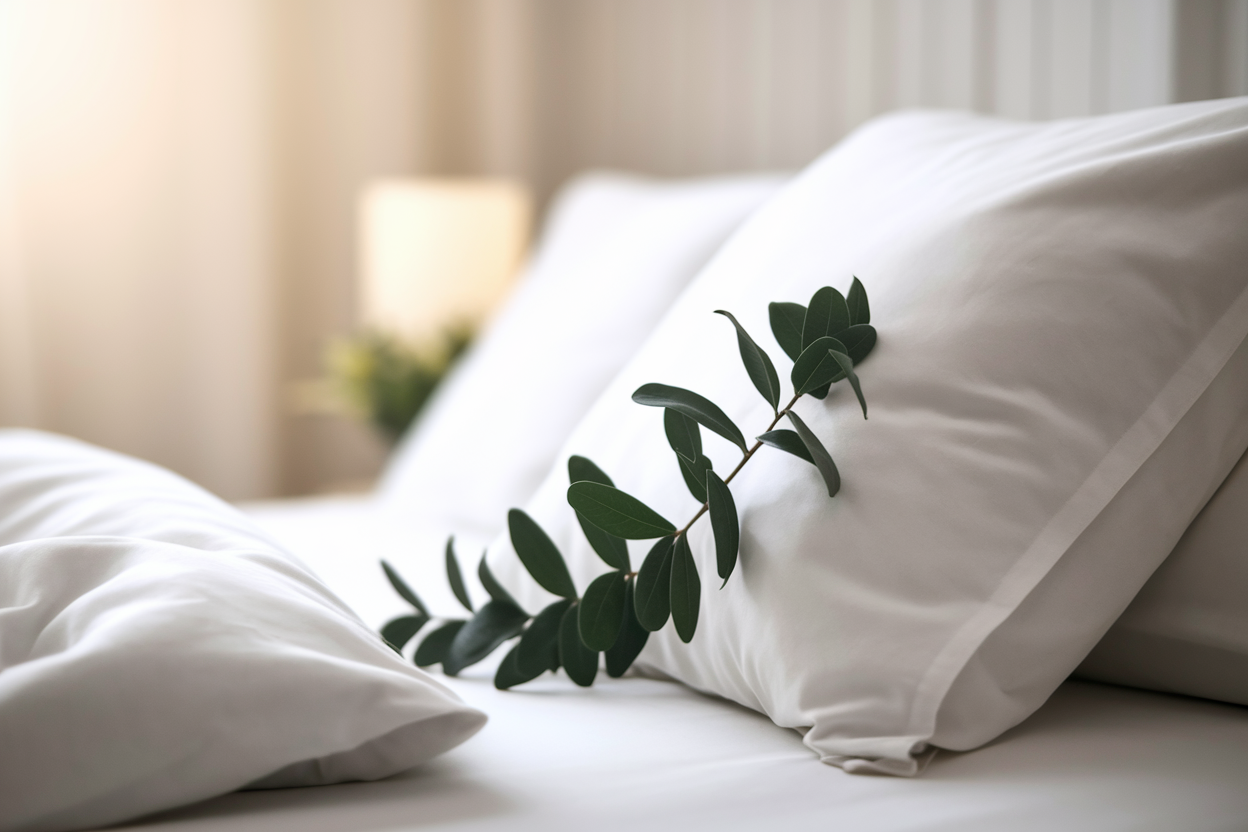 chambre-lit-oreiller-feuilles-laurier