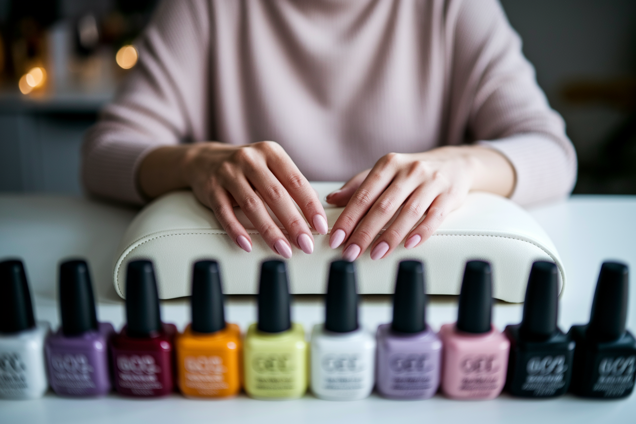 mains-manucure-bouteilles-vernis-eclairage-doux