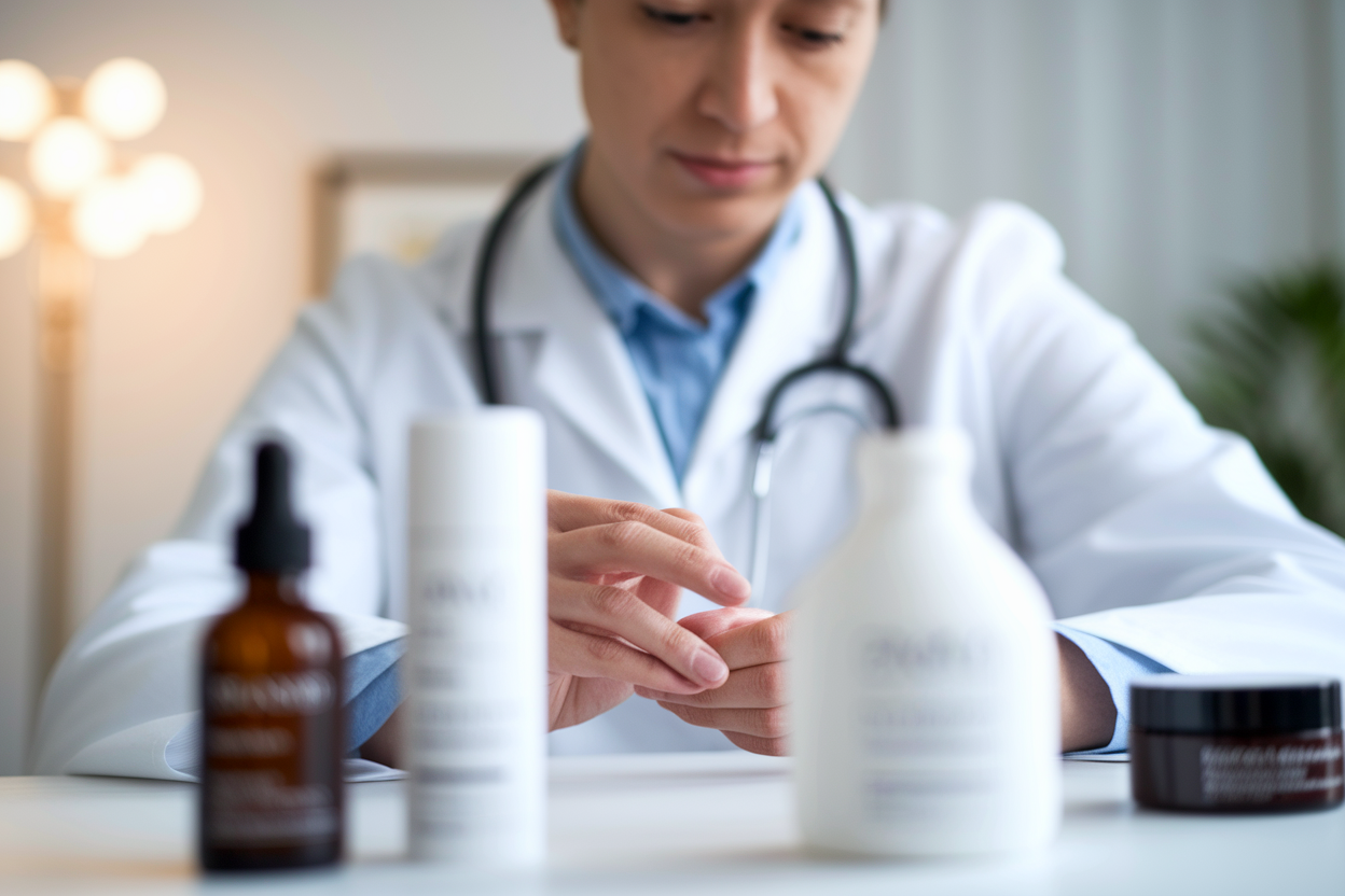 dermatologue-gros-plan-produits-soins-clinique-floutee