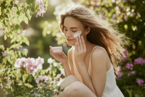 femme-cheveux-longs-creme-florale-jardin-fleuri