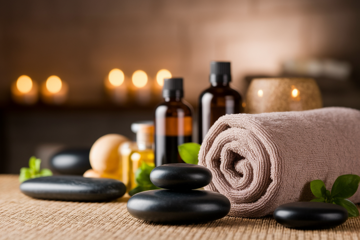 spa-serviette-roulee-huiles-pierres