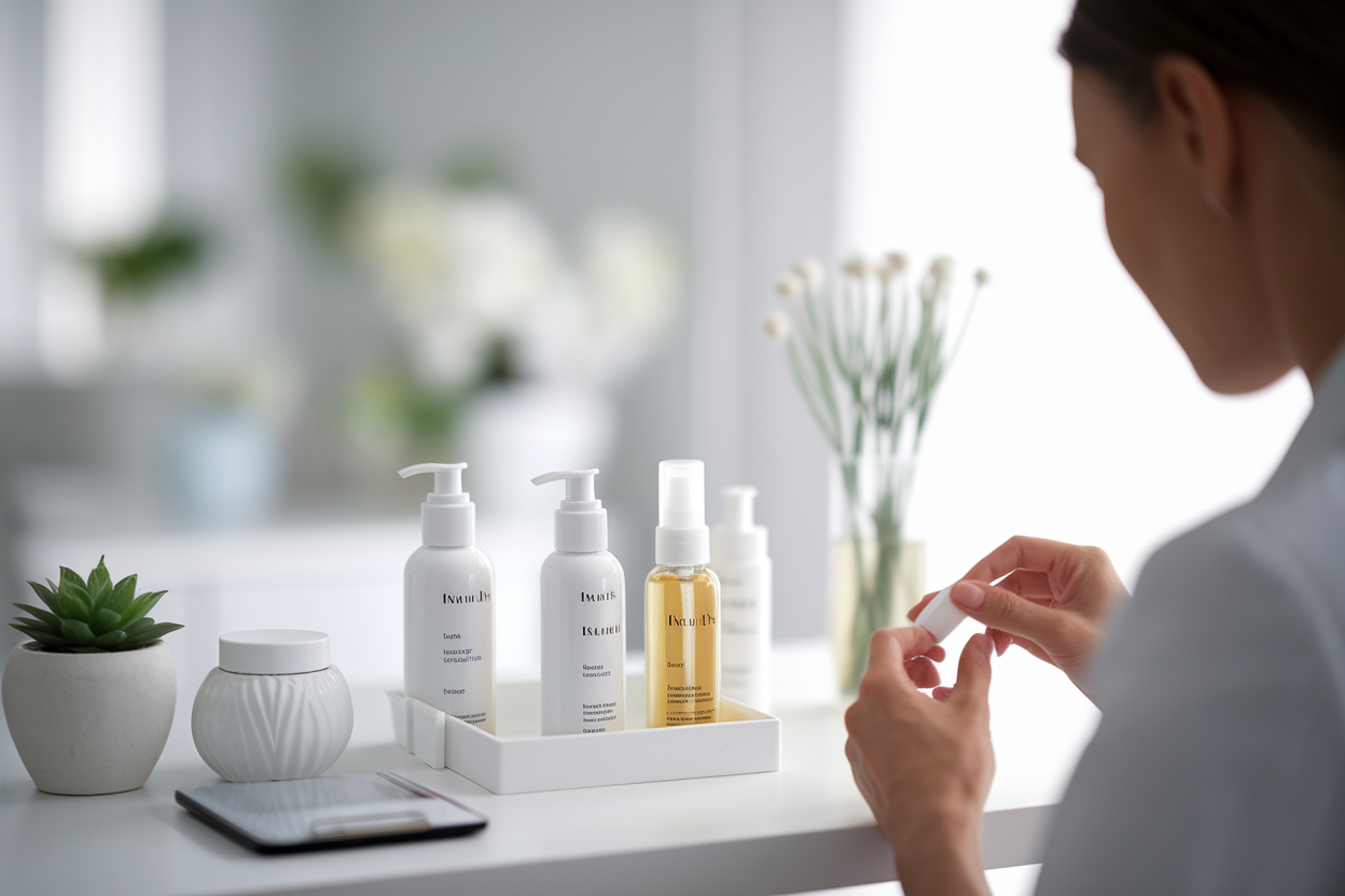 cabinet-dermatologue-dos-produits-etagere