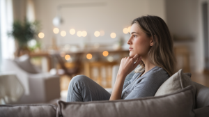 femme-reflechie-canape-lumiere-douce