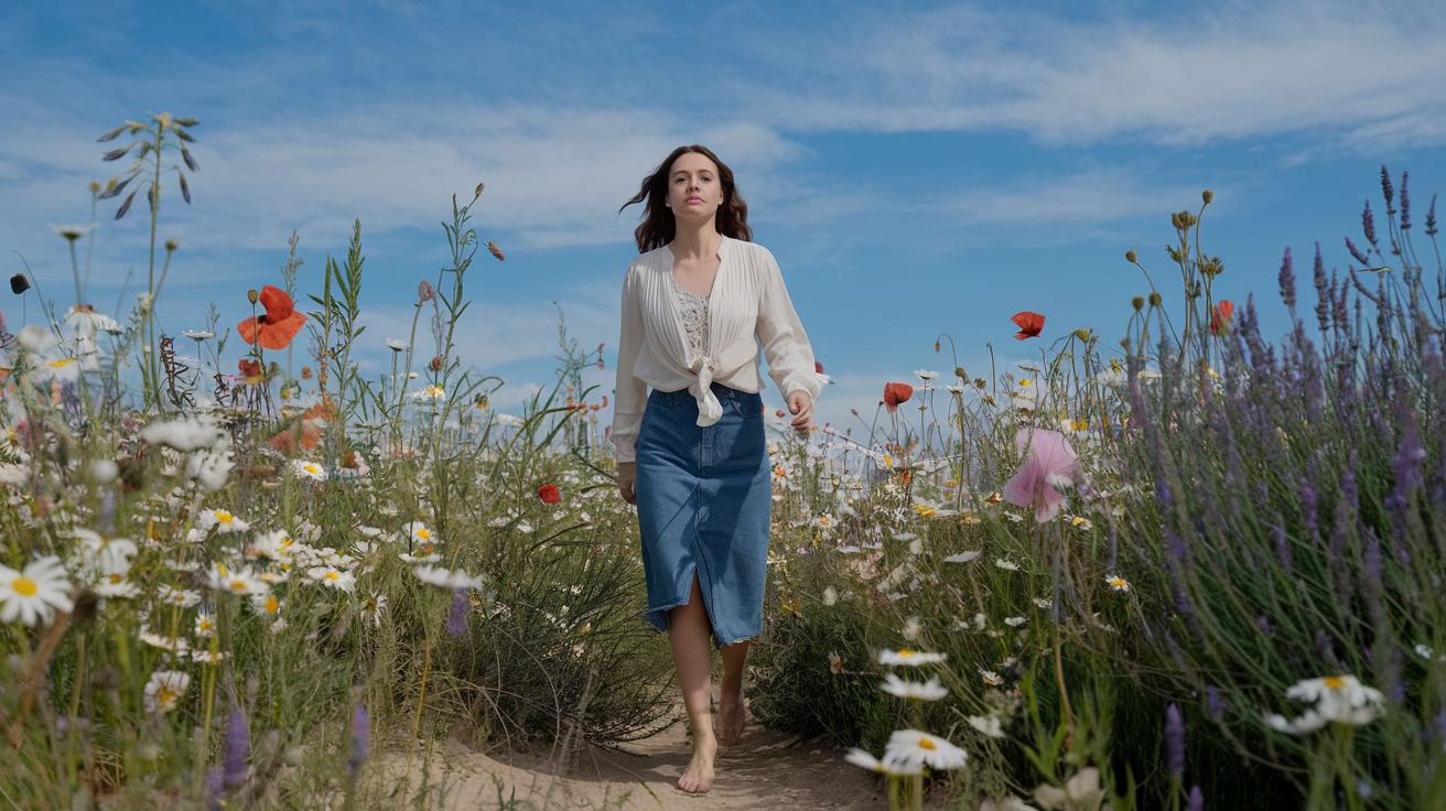 femme-champ-fleurs-ciel-bleu