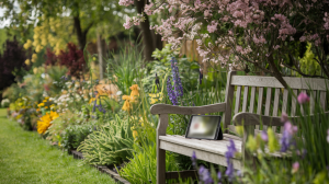 jardin-fleurs-banc-bois-arbre