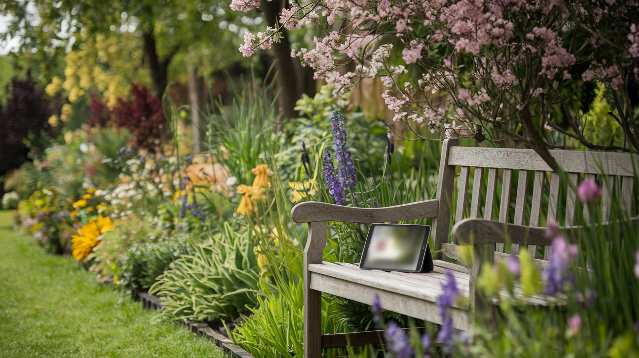 jardin-fleurs-banc-bois-arbre