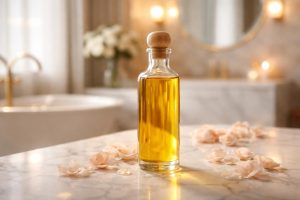 bouteille-huile-doree-petales-marbre